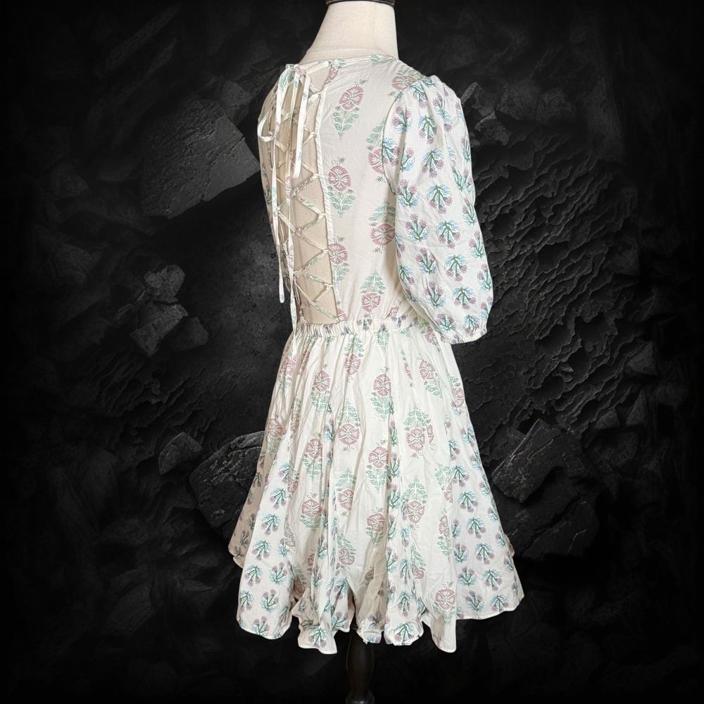 Christian Lacroix Tie Back Mini Dress Size S Lined Fit and Flare Puff Sleeve
